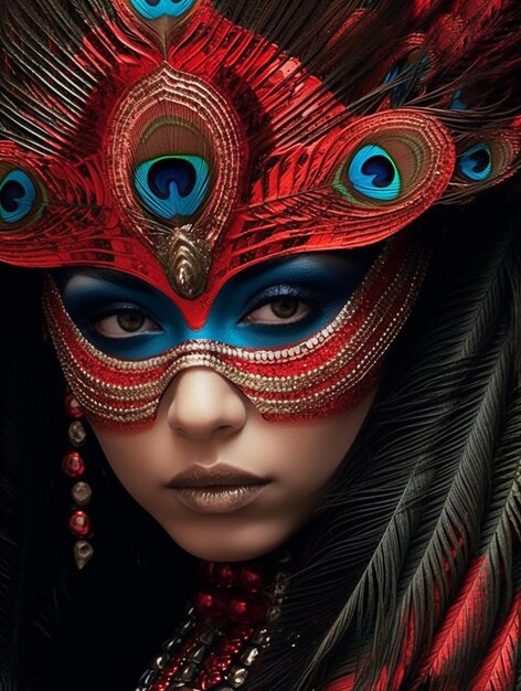 Une femme avec un masque rouge avec des plumes de paon dessus