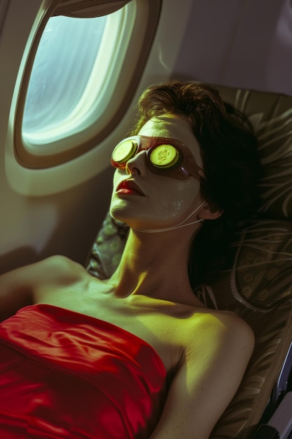 Une femme avec un masque sur le visage et un concombre sur les yeux dormant dans un voyage de luxe en avion