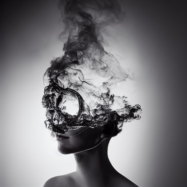 Une femme avec un masque sur le visage est couverte de fumée.