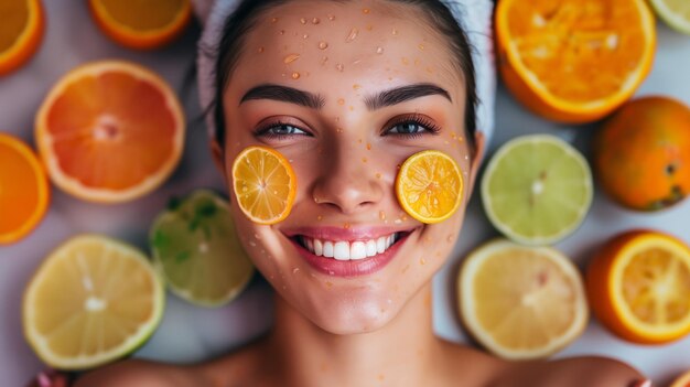 Une femme masque le visage avec de la vitamine Crich orange sli