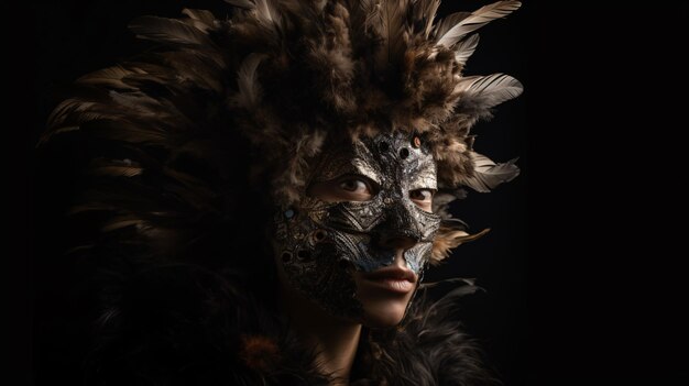 Femme masquée avec casque à plumes IA générative