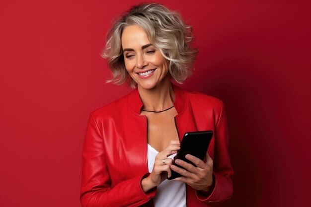 femme mature attrayante avec un téléphone sur fond rouge