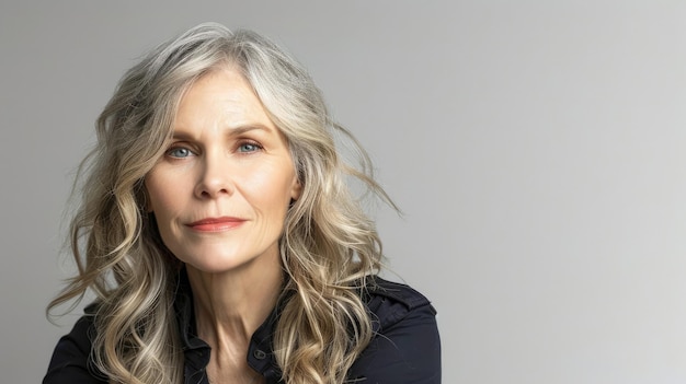 Une femme mature aux cheveux argentés et au regard contemplatif.