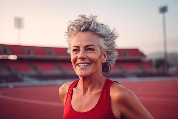 Une femme mature aux cheveux courts souriante heureuse sur une piste de course.