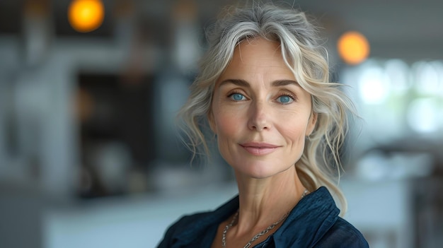 Femme mature élégante aux cheveux gris posant à l'intérieur portrait féminin confiant concept de beauté naturelle AI