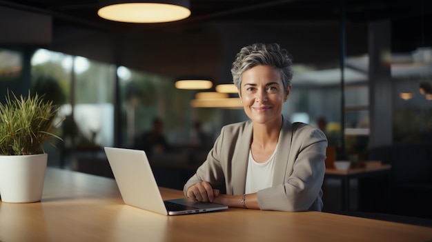 Une femme mature, employée de bureau, ordinateur portable, ai généré un portrait, une image, un espace de copie.