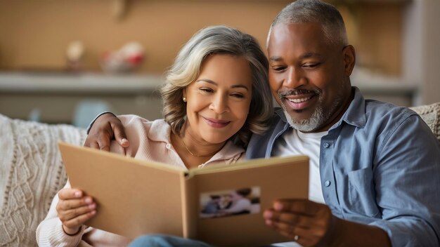 Une femme mature heureuse et son mari regardent leurs photos tout en se relaxant à la maison.