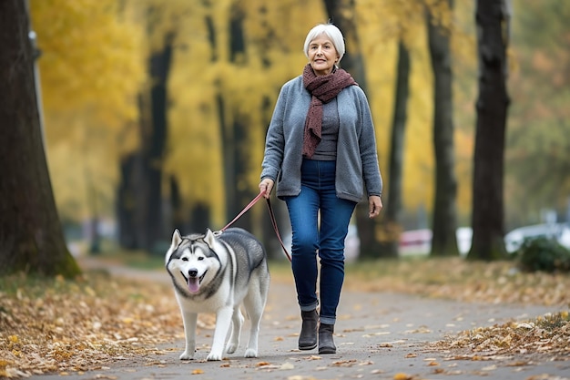 Une femme mature promène un chien obéissant mené en laisse sur une route couverte de feuilles le long du parc de la ville d'automne