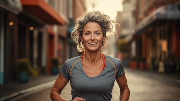 Femme mature qui court avec un équipement sportif dans la rue de la ville, faisant de l'exercice avec confiance.