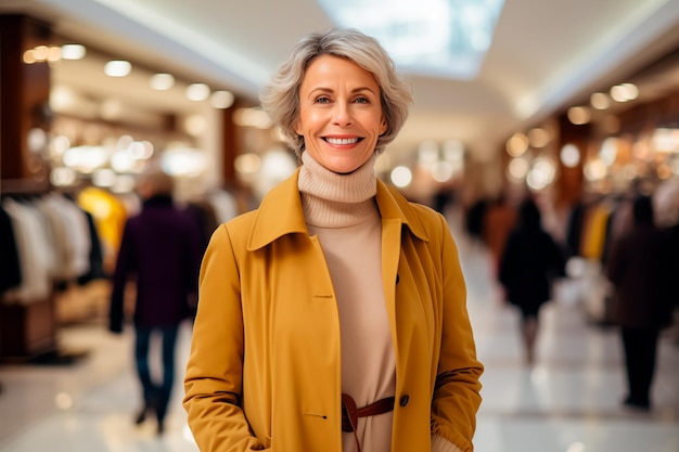 Une femme mature souriant dans un centre commercial.