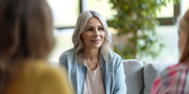 Une femme mature souriante qui s'engage dans une conversation à l'intérieur. Vêtements décontractés. Chambre lumineuse.