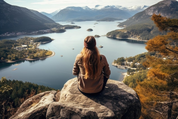 Femme méconnaissable assise près du lac ai généré