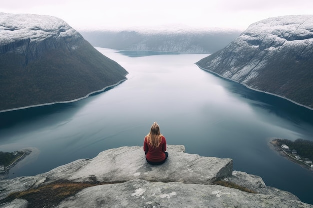 Femme méconnaissable assise près du lac ai généré