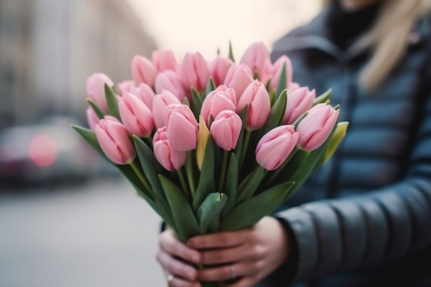 Femme méconnaissable donnant un beau bouquet de tulipes roses debout à l'extérieur dans une ville