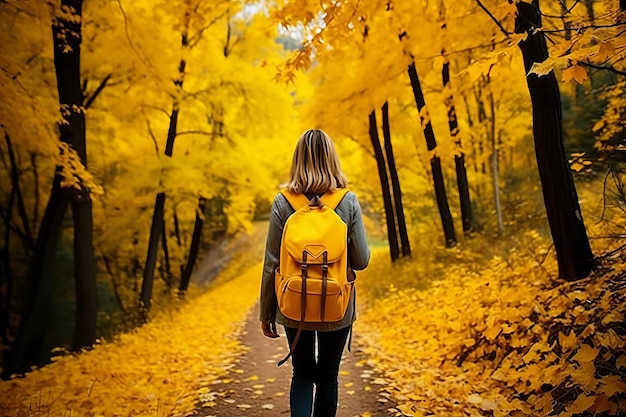 Femme méconnaissable marchant sur un sentier forestier d'automne active en plein air promenade dans la nature dans les bois