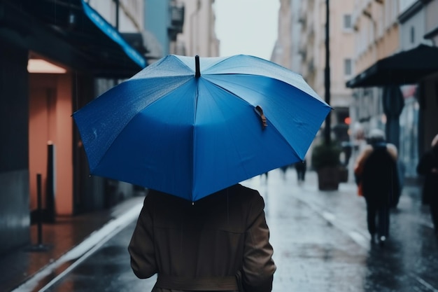 Femme méconnaissable avec un parapluie bleu marchant dans la rue de la ville par temps de pluie