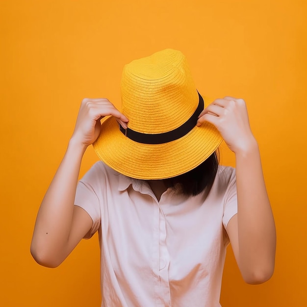 Femme méconnaissable portant un chapeau Femme ludique couvrant le visage avec un chapeau Une fille cache le visage derrière un chapeau