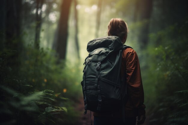 Femme méconnaissable en randonnée dans une forêt luxuriante avec un sac à dos, des bottes de randonnée et un sens de l'aventure