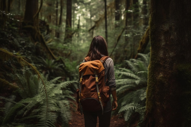 Femme méconnaissable en randonnée dans une forêt luxuriante avec un sac à dos, des bottes de randonnée et un sens de l'aventure