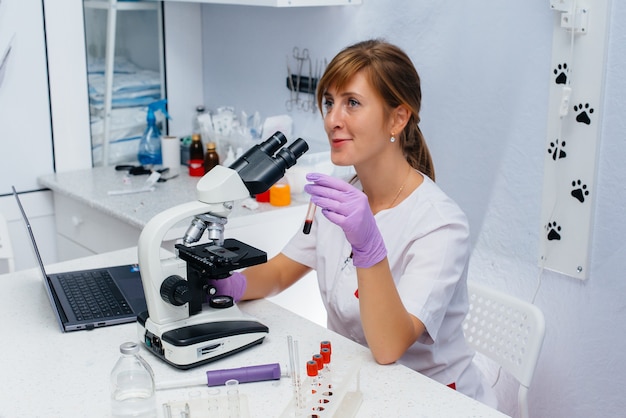 Une femme médecin au laboratoire étudie les virus et les bactéries au microscope.