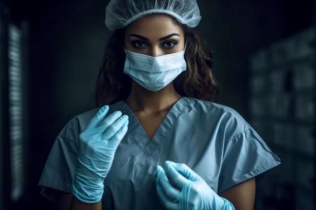 Femme médecin en costume de gommage gris et gants blancs
