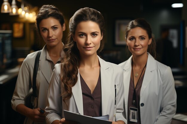 une femme médecin debout dans un cabinet médical portant un stéthoscope de manteau de laboratoire blanc autour du cou