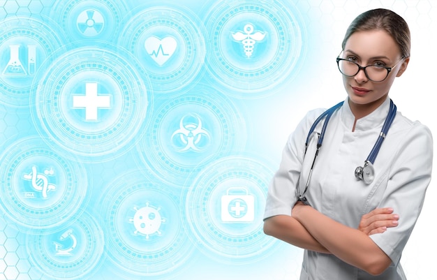 Photo femme médecin sur fond futuriste bleu cyan et blanc avec symboles de médecine
