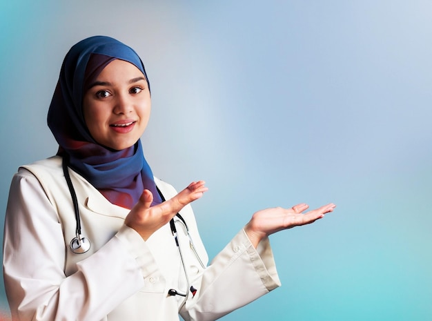 femme médecin en foulard avec geste d'offre