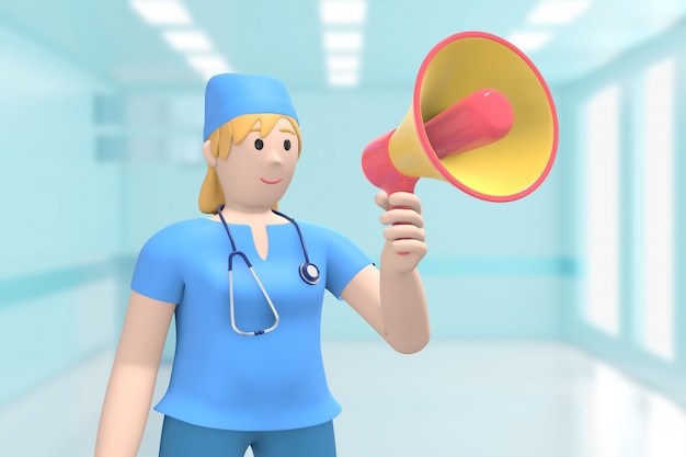 Une femme médecin à l'hôpital médical intérieur crie, crie, parle un mégaphone. Personne de dessin animé. Rendu 3D.