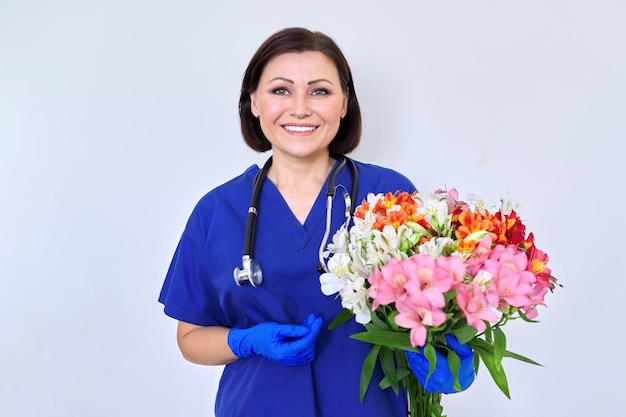 Femme médecin infirmière en bleu avec bouquet de fleurs sur fond clair