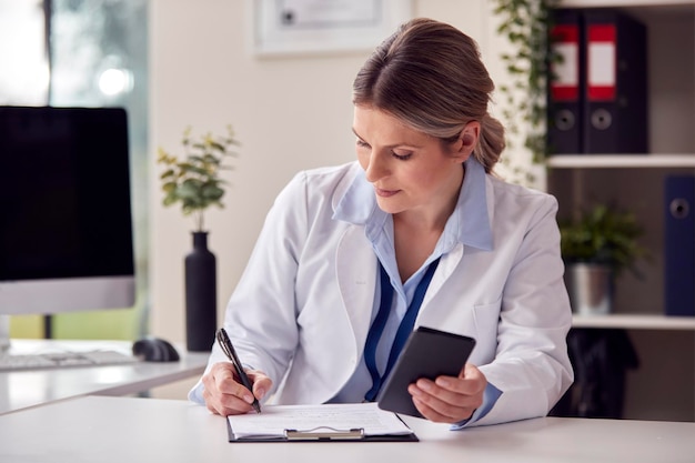 Femme médecin ou médecin généraliste portant un manteau blanc assis au bureau au bureau avec un téléphone portable prenant des notes