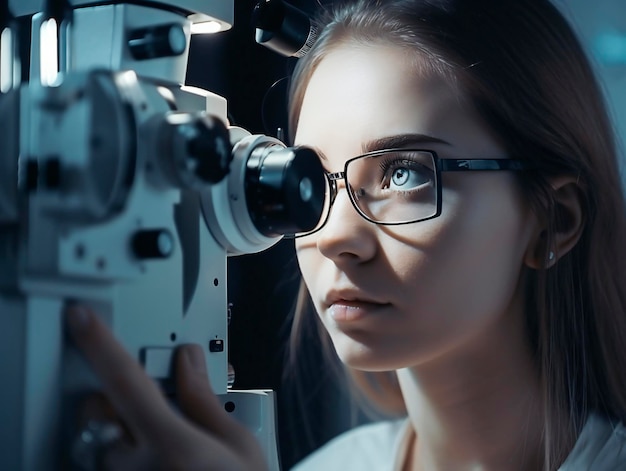 Femme médecin ophtalmologiste regardant à travers un testeur oculaire généré par l'IA IA générative IA générative