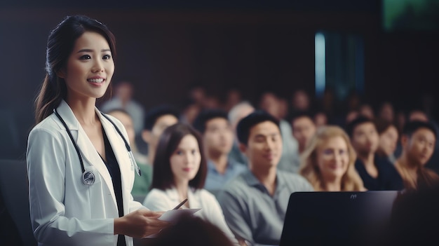 femme médecin parle lors d'une conférence devant des étudiants