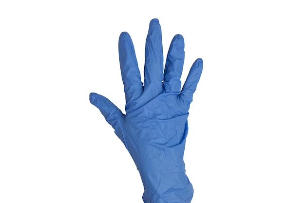 Photo femme médecin portant des gants en styryl bleu et montrant différents gestes de la main isolés sur fond blanc concept de santé soins médicaux hospitaliers