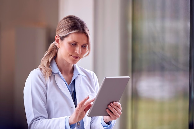 Femme médecin portant un manteau blanc debout dans le couloir de l'hôpital regardant une tablette numérique