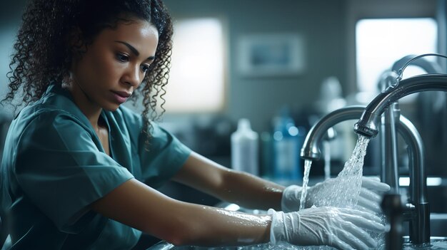 Photo une femme médecin de race mixte se nettoyant les mains ia générative