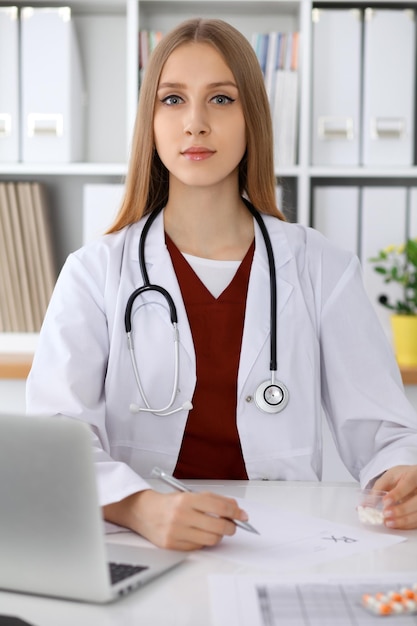 Femme médecin remplissant un formulaire médical ou tapant sur un ordinateur portable assis à la table près de la fenêtre