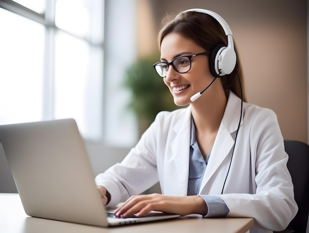 Une femme médecin s'entretient en ligne avec un patient sur un écran d'ordinateur, donnant des consultations en ligne pour un traitement de santé domestique, télémédecine, rendez-vous médical à distance.