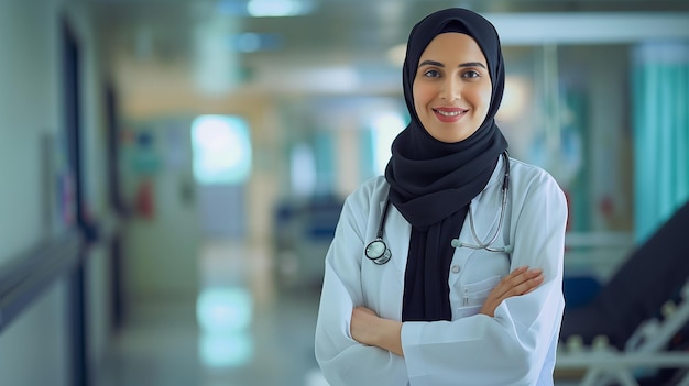 Photo une femme médecin se tient dans un couloir avec un stéthoscope autour de son cou
