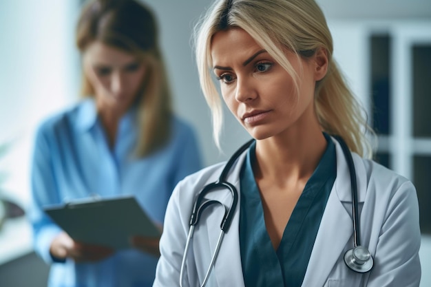 Une femme médecin avec un stéthoscope autour du cou détournant le regard Portrait d'une femme ambulancière pensive