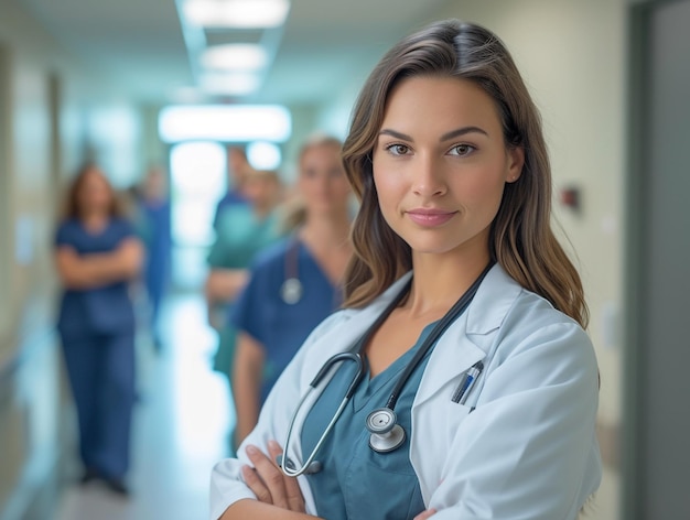 une femme médecin avec un stéthoscope sur son cou se tient dans un couloir