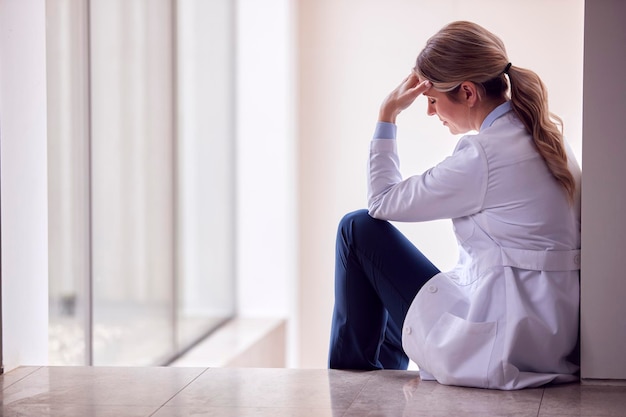 Femme médecin stressée portant un manteau blanc assis sur le sol dans le couloir de l'hôpital avec la tête dans les mains