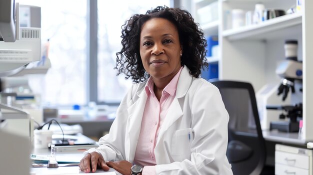 Une femme médecin sympathique portant un manteau de laboratoire est assise à son bureau et regarde la caméra