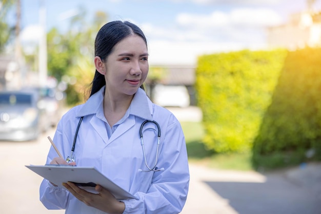 Une femme médecin tenant un presse-papiers travaillant sur le terrain