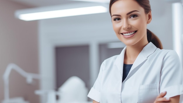 une femme médecin avec un uniforme blanc et une chemise bleue