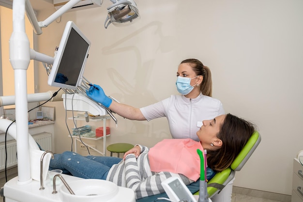 Une femme médecin utilise une caméra dentaire orale d'introduction et regarde sur le moniteur l'image en direct des dents de son patient