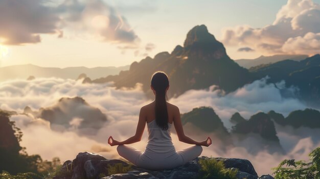 une femme méditant au sommet d'une montagne avec le soleil derrière elle