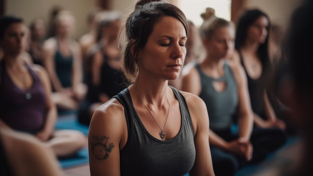 Une femme méditant dans un cours de yoga
