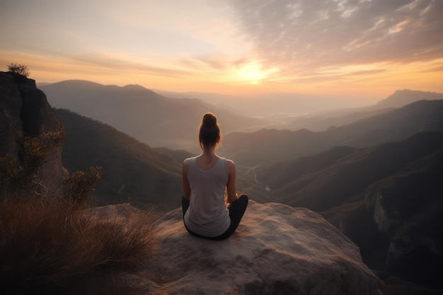 Femme méditant dans Lotus Pose avec vue panoramique sur la montagne