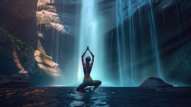 Une femme méditant dans une pièce sombre avec une cascade et une cascade